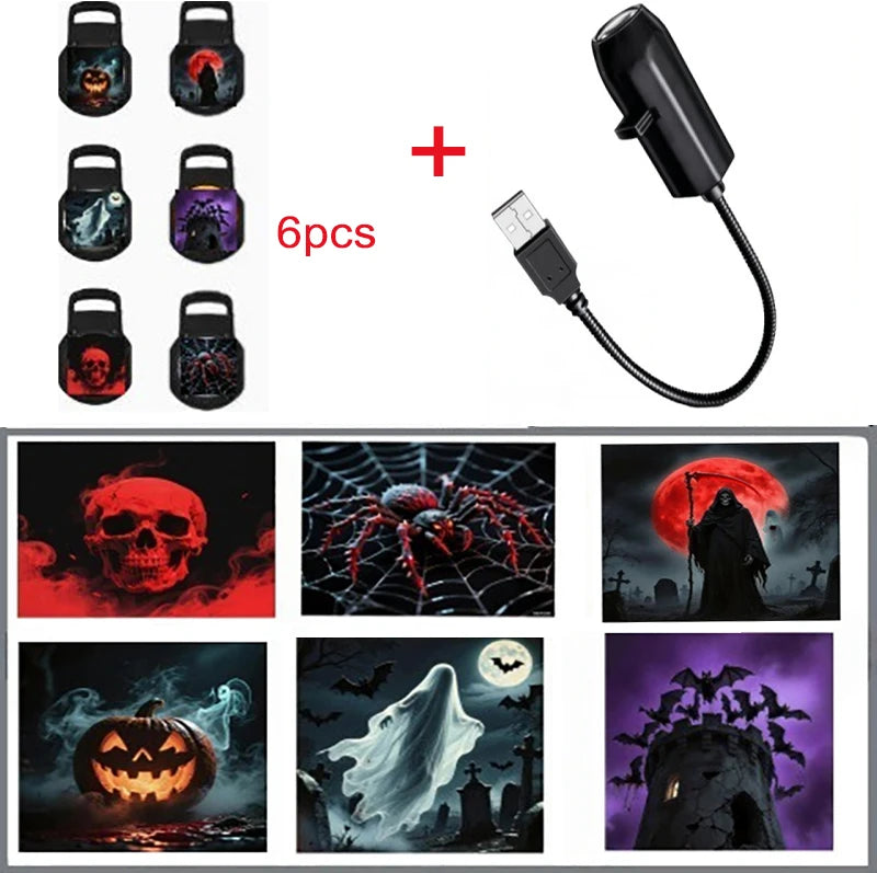 USB Halloween Projector Light 6 Patterns Mini LED Spooky Projection Lamp Portable Atmosphere Light For Home Car Party Decor